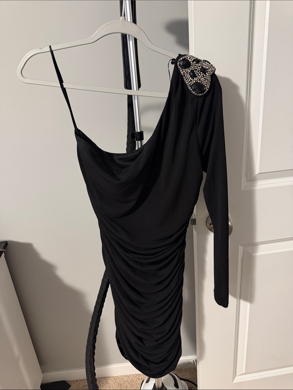 Windsor Black One-Shoulder Ruched Dress with Beaded Shoulder Detail